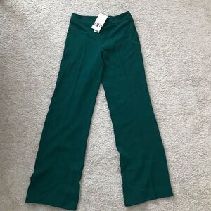 Zara Pants Women M Dark Green Trouser Side Zip Wide Leg Flat front polyester
